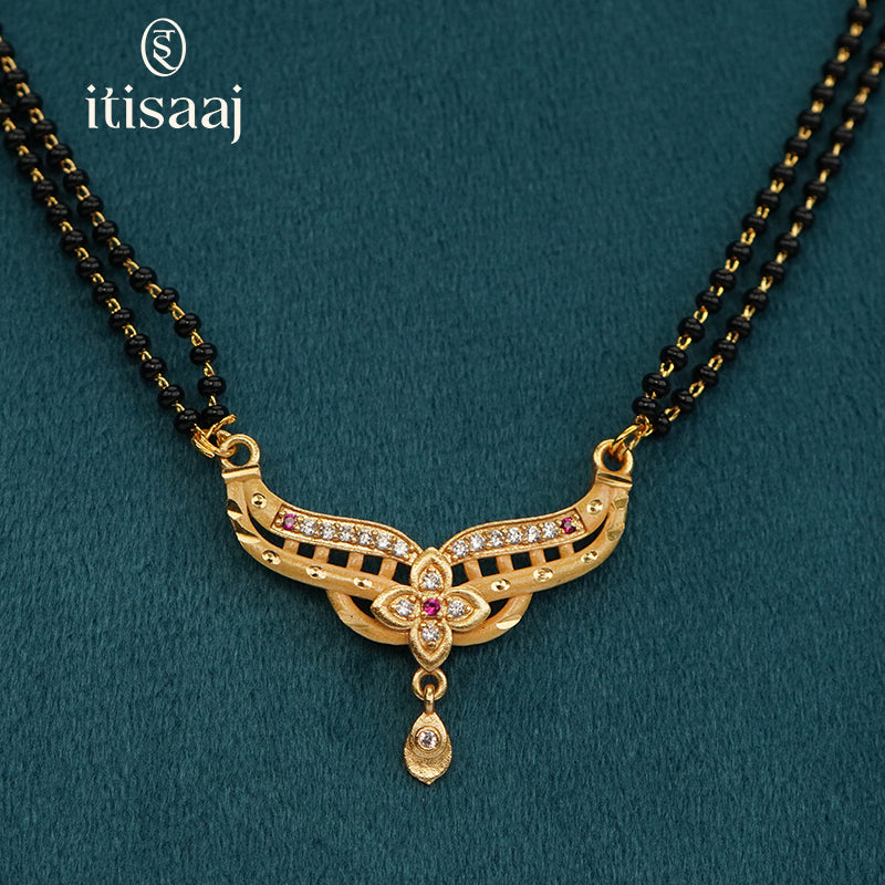 Floral Arc Designer Double Line Black Beaded Micro Gold Plated Short Mangalsutra - 4963