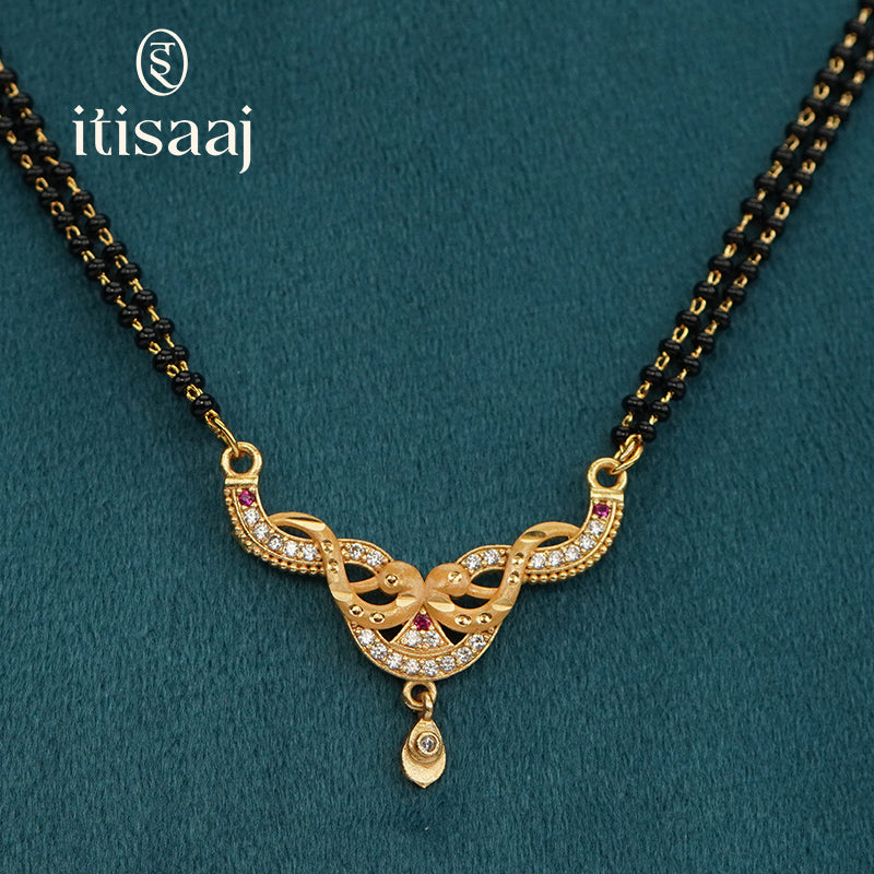 Floral Arc Designer Double Line Black Beaded Micro Gold Plated Short Mangalsutra - 4964
