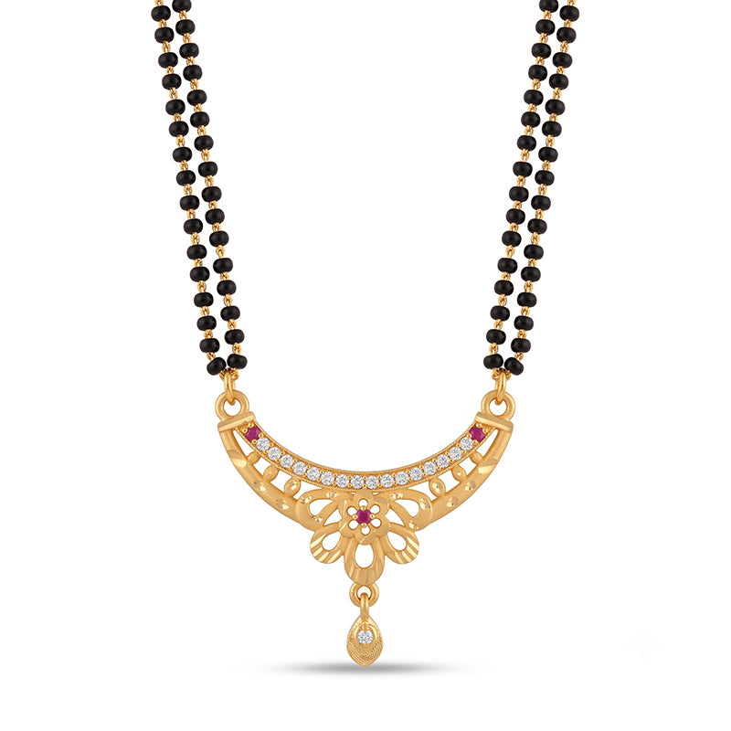 Floral Arc Designer Double Line Black Beaded Micro Gold Plated Short Mangalsutra - 4965