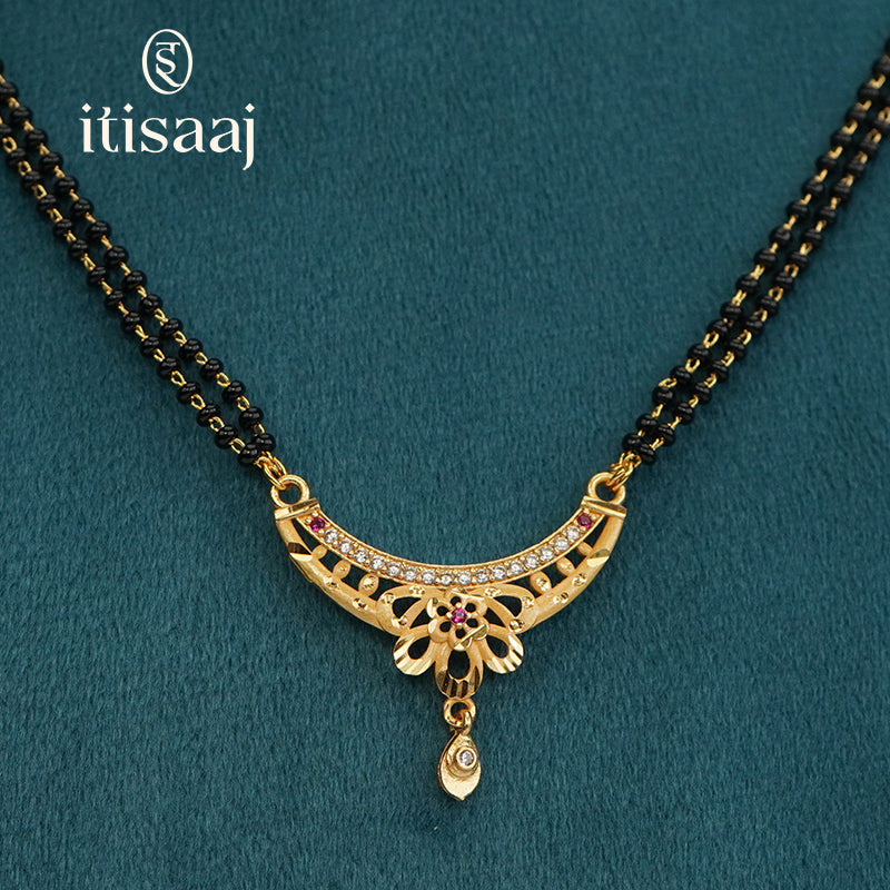 Floral Arc Designer Double Line Black Beaded Micro Gold Plated Short Mangalsutra - 4965