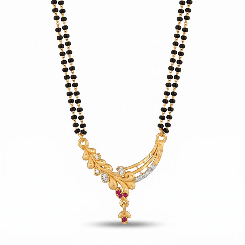 Floral Arc Designer Double Line Black Beaded Micro Gold Plated Short Mangalsutra - 4973