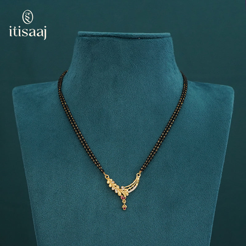 Floral Arc Designer Double Line Black Beaded Micro Gold Plated Short Mangalsutra - 4973