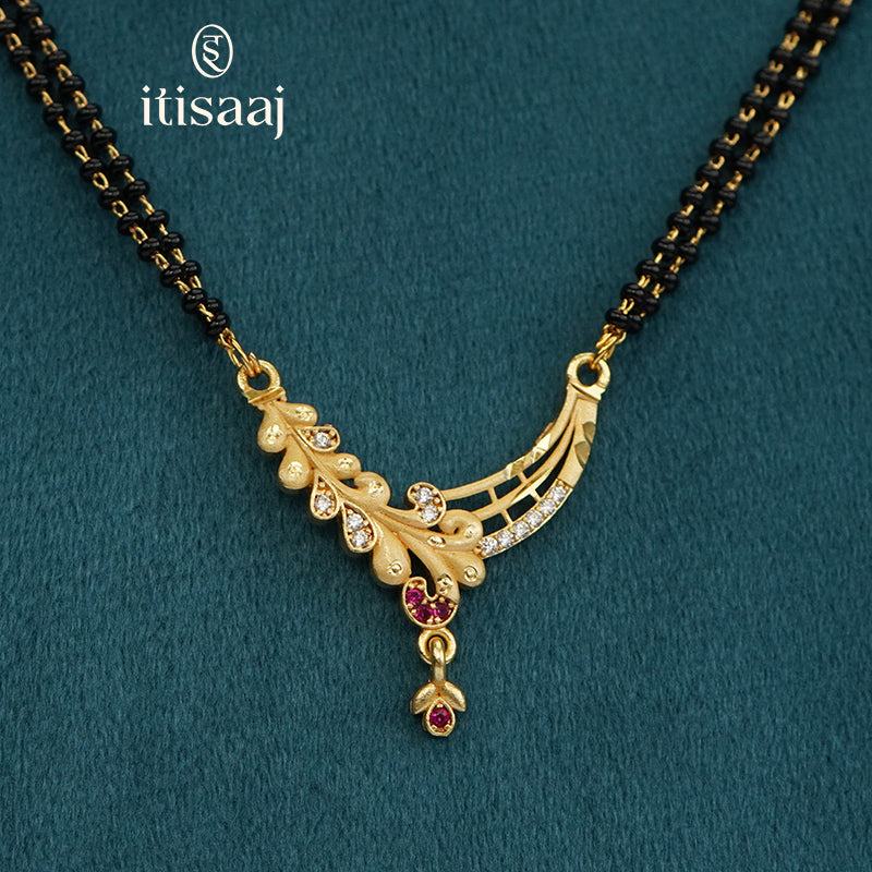Floral Arc Designer Double Line Black Beaded Micro Gold Plated Short Mangalsutra - 4973