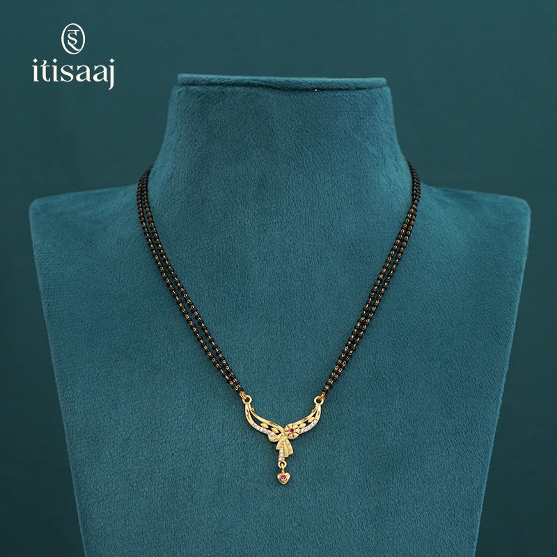 Floral Arc Designer Double Line Black Beaded Micro Gold Plated Short Mangalsutra - 4975