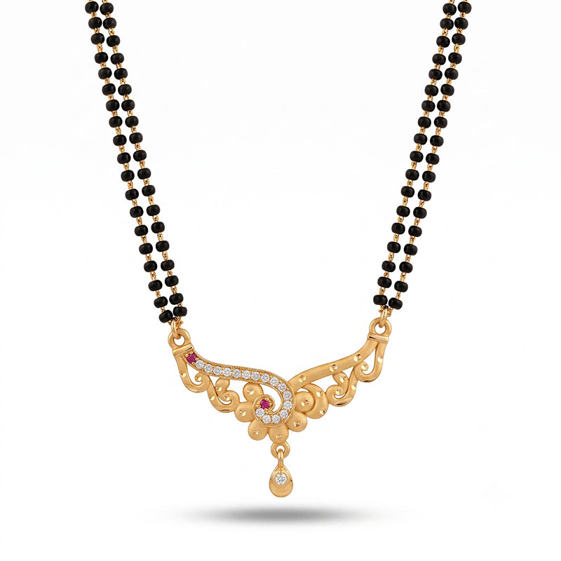 Floral Arc Designer Double Line Black Beaded Micro Gold Plated Short Mangalsutra - 4976