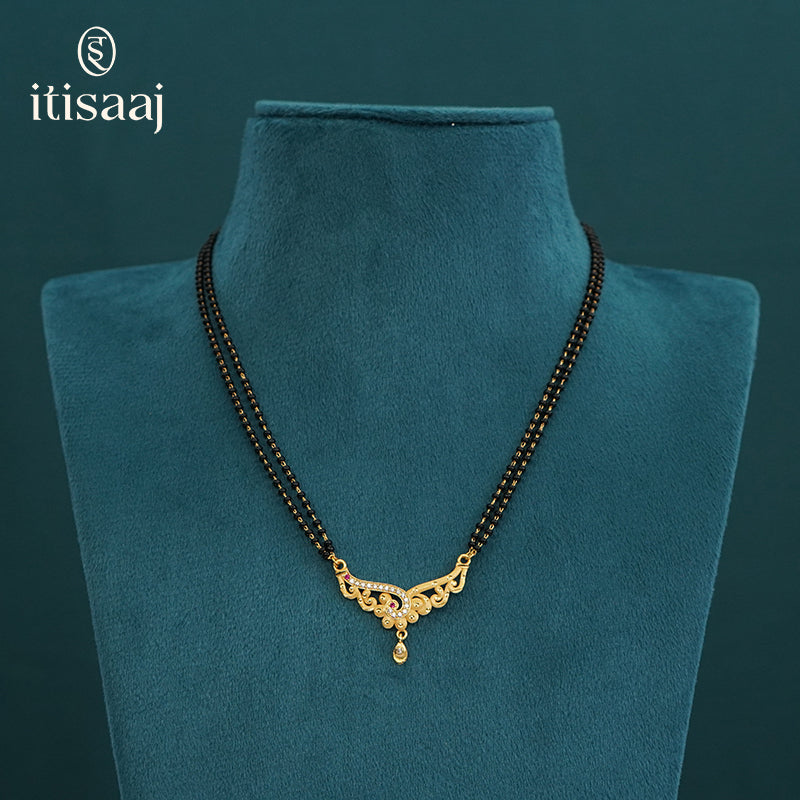 Floral Arc Designer Double Line Black Beaded Micro Gold Plated Short Mangalsutra - 4976