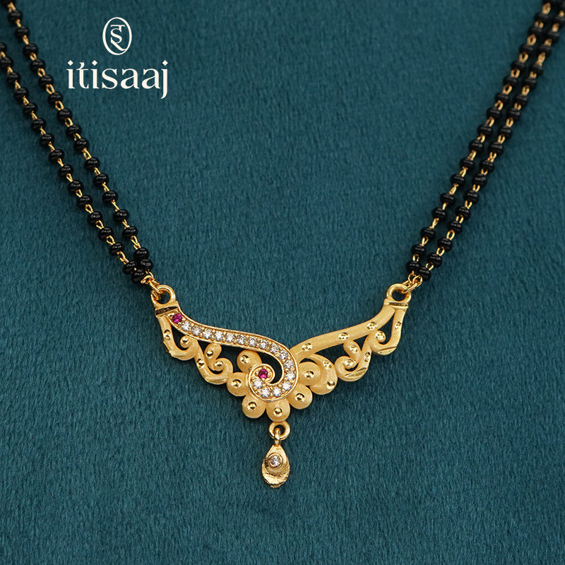 Floral Arc Designer Double Line Black Beaded Micro Gold Plated Short Mangalsutra - 4976
