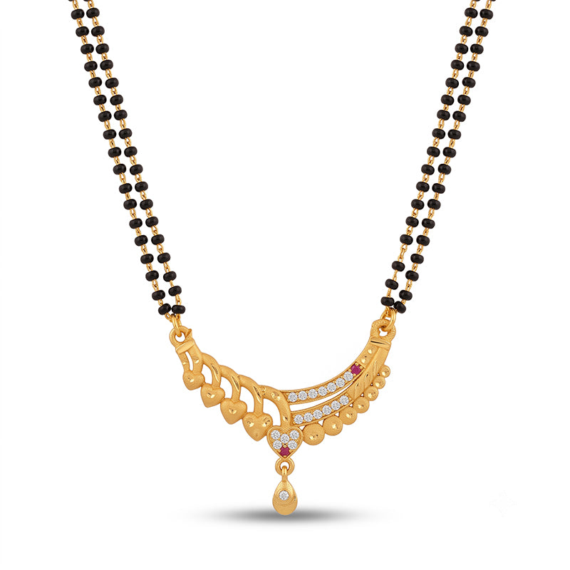 Floral Arc Designer Double Line Black Beaded Micro Gold Plated Short Mangalsutra - 4982