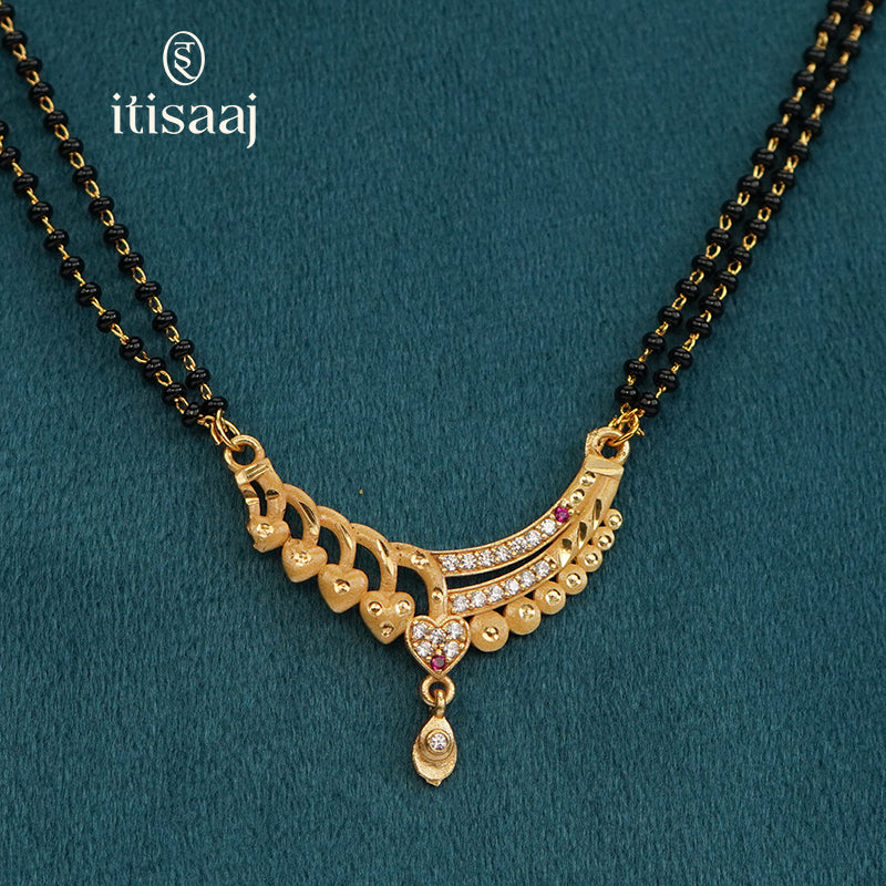 Floral Arc Designer Double Line Black Beaded Micro Gold Plated Short Mangalsutra - 4982
