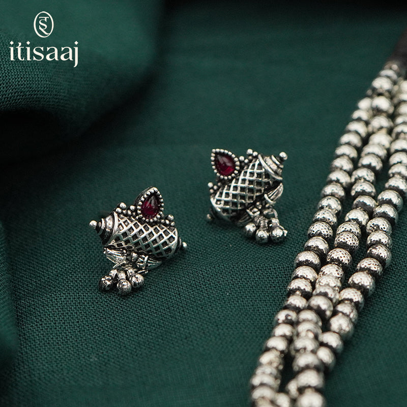 Chex Mani 3 Line Mala Taviz Oxidized Silver (with earring) - 5069