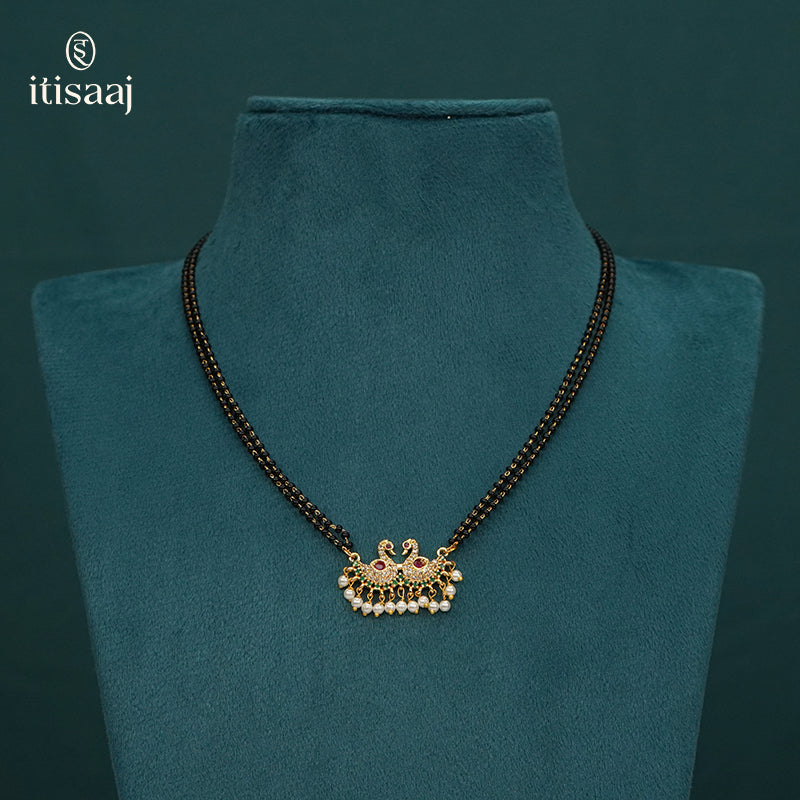 Micro Gold Plated Twin Bird Motif Mangalsutra with Stones and Pearl Drops - 5101