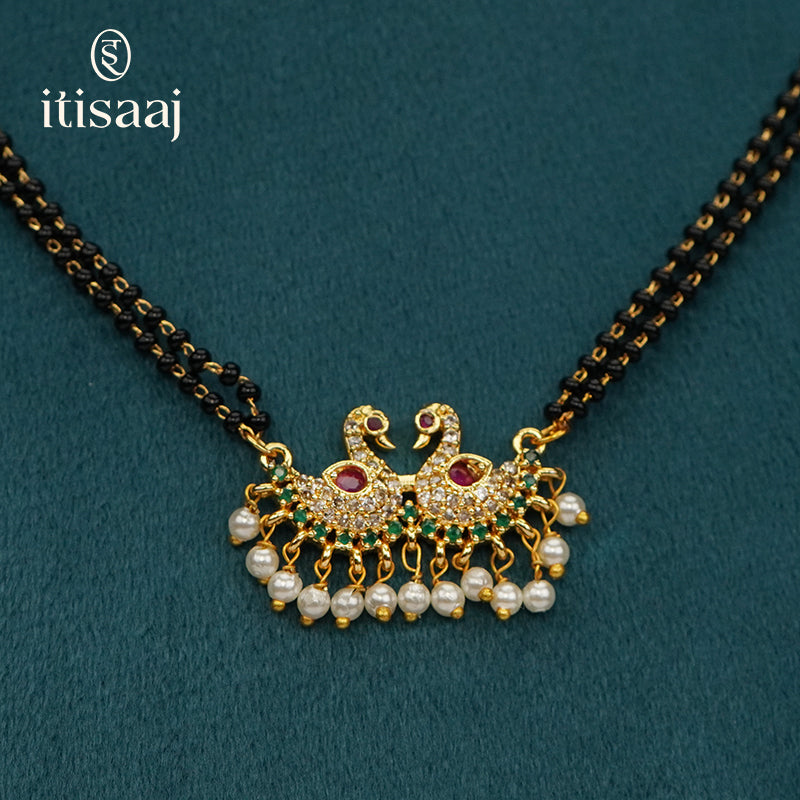 Micro Gold Plated Twin Bird Motif Mangalsutra with Stones and Pearl Drops - 5101
