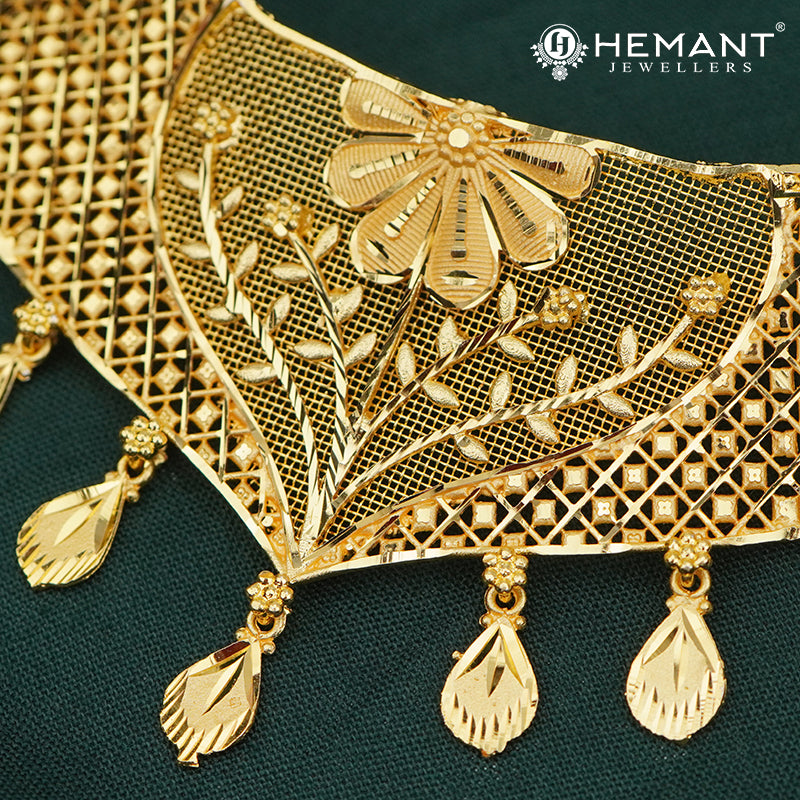 Forming Gold Jali Work Choker Necklace Set with Dangler Earrings - 5113