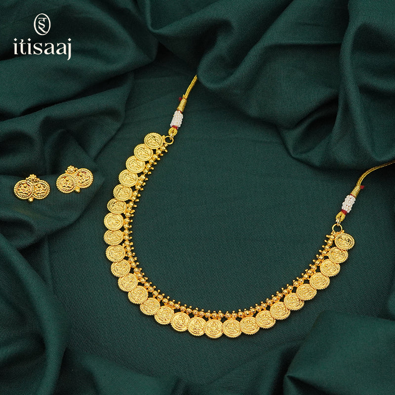 Traditional Micro Gold Plated Laxmi Coin Necklace Set with Matching Stud Earrings - 5229