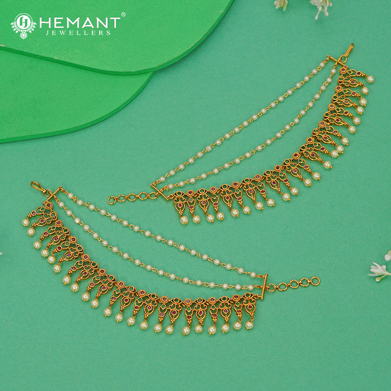 Antique Matil | Ruby Green Stone & Pearl Ear Chain (Kaan Veli/Matil) - 5367