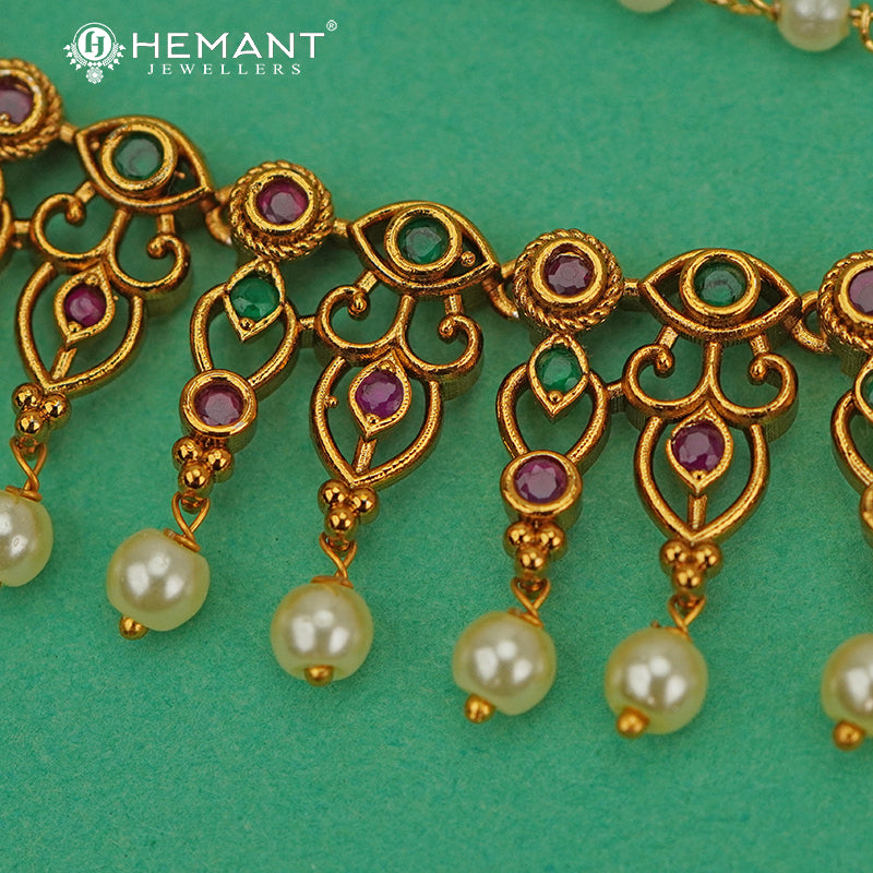 Antique Matil | Ruby Green Stone & Pearl Ear Chain (Kaan Veli/Matil) - 5367