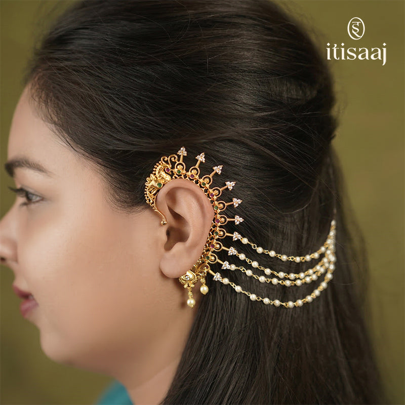 Antique Back Ear Cuff | Peacock Motif Back Kan with Multi-Strand Pearl Chain - 5377