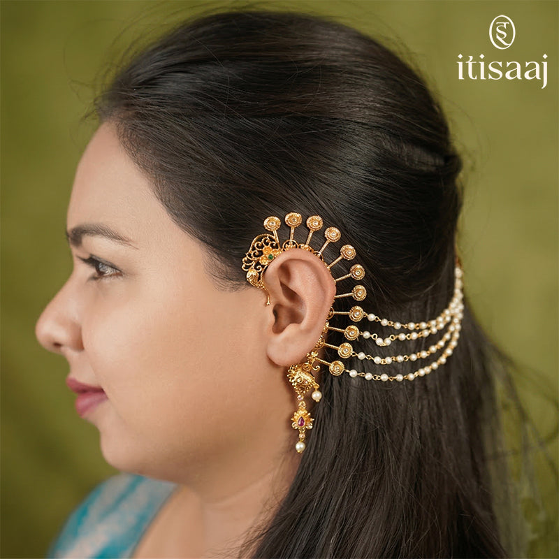Antique Back Ear Cuff | Peacock Motif Back Kan with Multi-Strand Pearl Chain - 5378