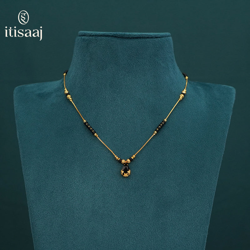 Elegant Teardrop Black Stone Gold Plated Mangalsutra Chain Pendant - 5567
