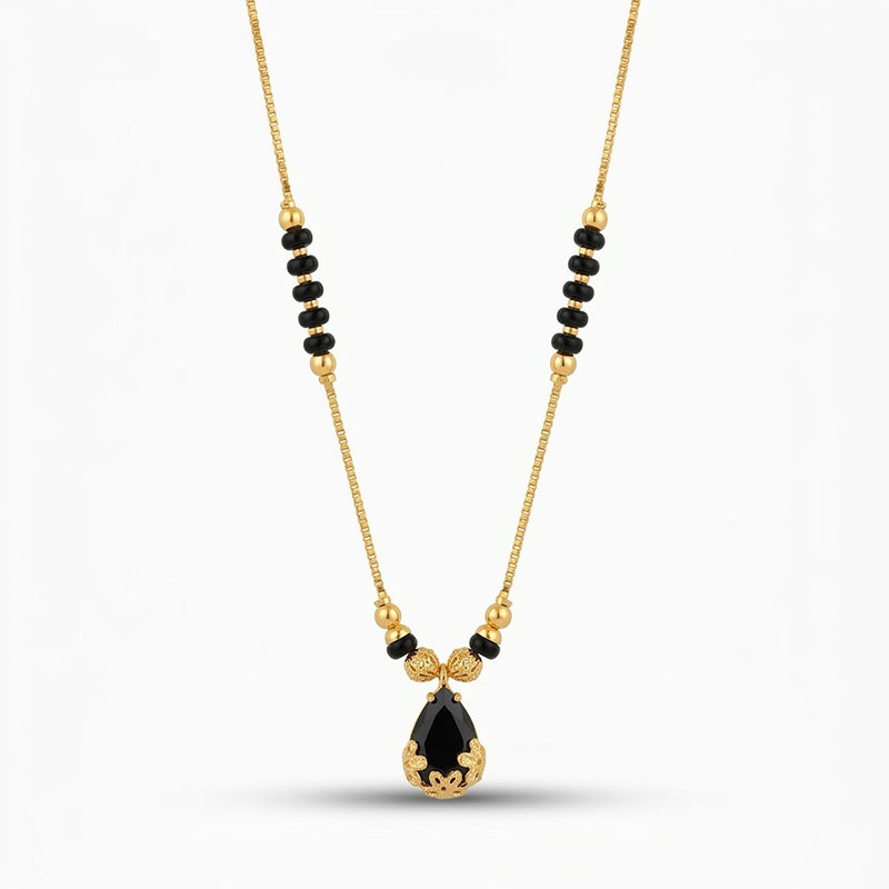 Elegant Teardrop Black Stone Gold Plated Mangalsutra Chain Pendant - 5567