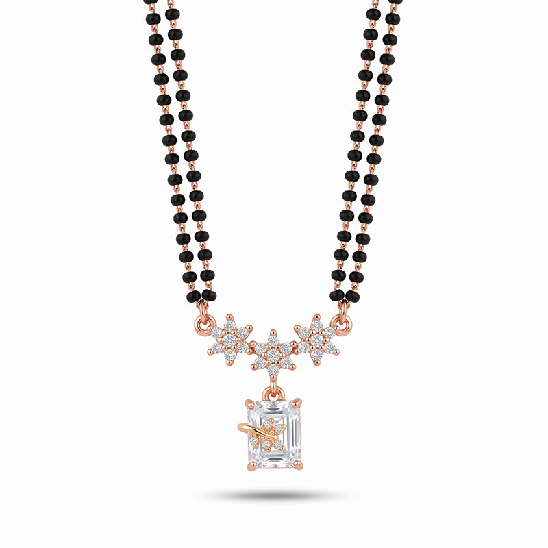 Sparkling Emerald-Cut Solitaire and Floral Cubic Zirconia Designer Mangalsutra - 5592