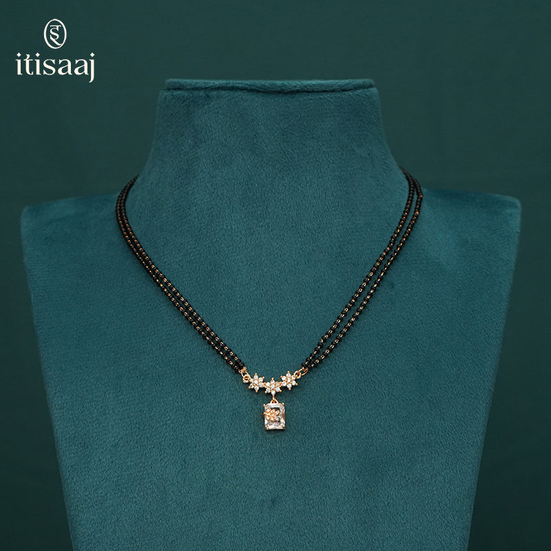 Sparkling Emerald-Cut Solitaire and Floral Cubic Zirconia Designer Mangalsutra - 5592