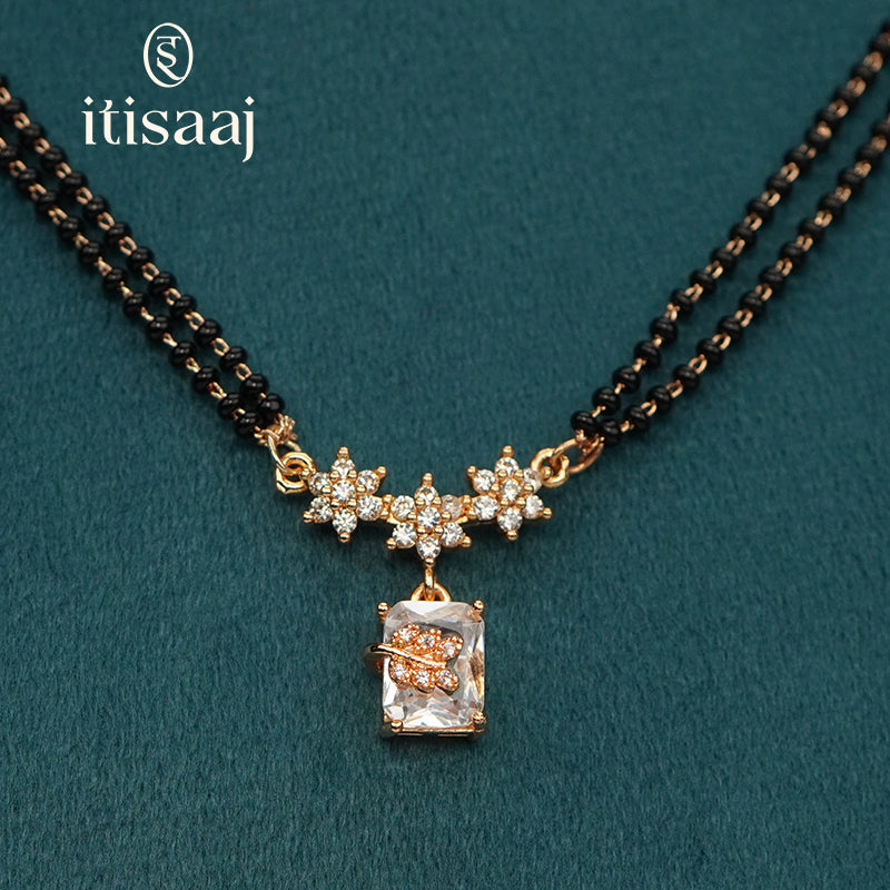 Sparkling Emerald-Cut Solitaire and Floral Cubic Zirconia Designer Mangalsutra - 5592