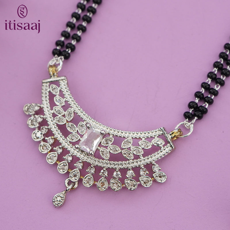 Sparkling American Diamond Curved Teardrop Pendant Long Mangalsutra - 5619
