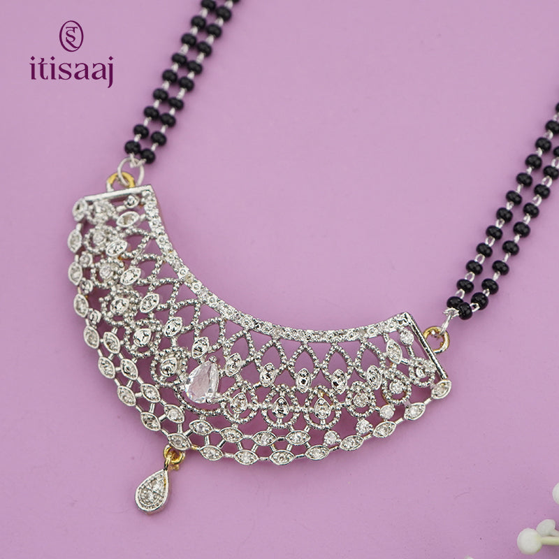 Sparkling American Diamond Curved Teardrop Pendant Long Mangalsutra - 5622