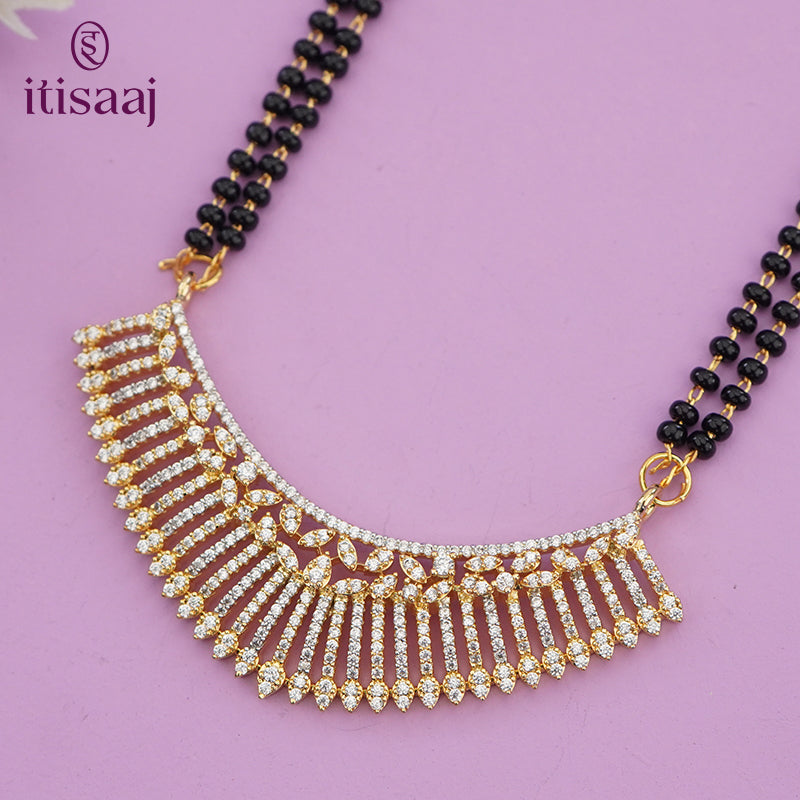 Sparkling Cubic Zirconia Curved Pendant Long Mangalsutra Set with Matching Earrings - 5648