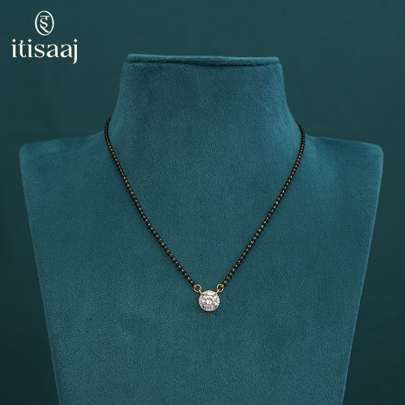 Elegant Round Solitaire Halo American Diamond Mangalsutra Set with Matching Stud Earrings - 5651