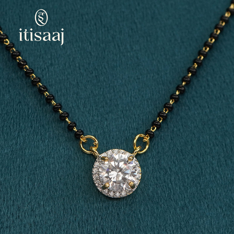 Elegant Round Solitaire Halo American Diamond Mangalsutra Set with Matching Stud Earrings - 5651