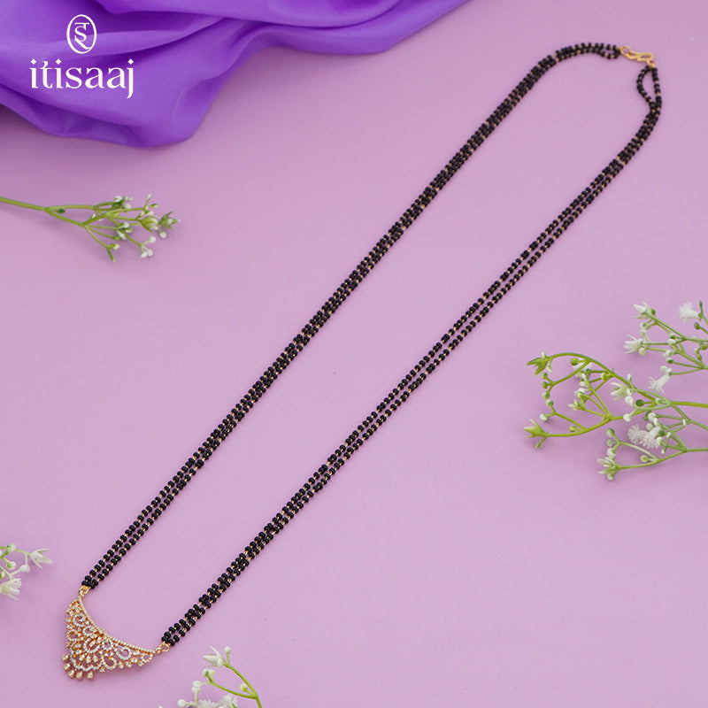 Exquisite Sparkling Cubic Zirconia Double Layer Black Beads Long Mangalsutra Set with Matching Earrings - 5656