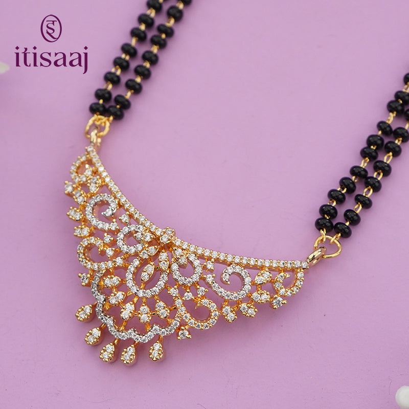 Exquisite Sparkling Cubic Zirconia Double Layer Black Beads Long Mangalsutra Set with Matching Earrings - 5656