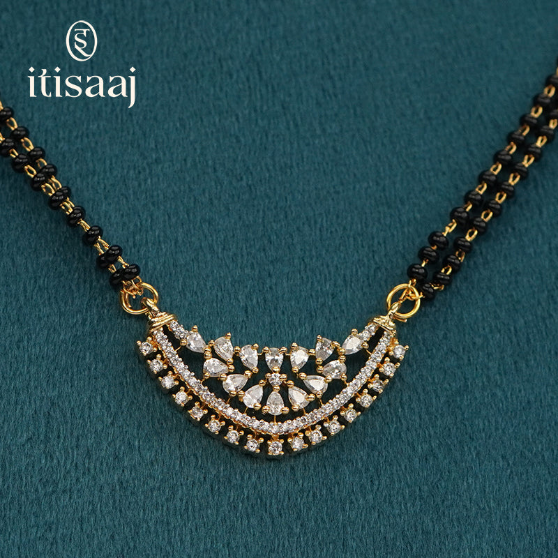Elegant Crescent Floral Cubic Zirconia Mangalsutra Set with Matching Earrings - 5657