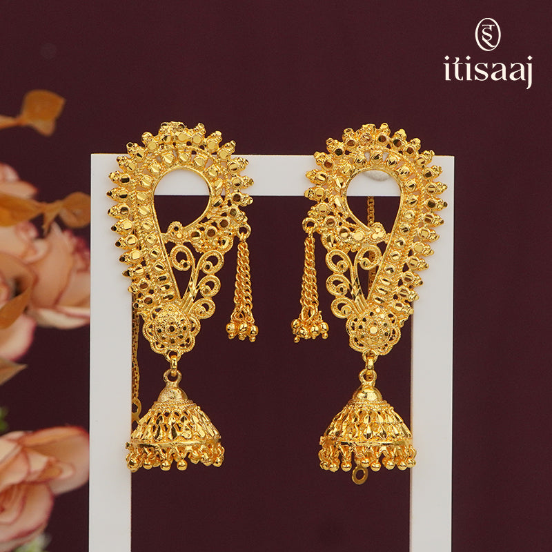 Traditional Maharashtrian Micro Gold Plated Earcuff/Kan Jhumka Earrings with Intricate Filigree Work - 611