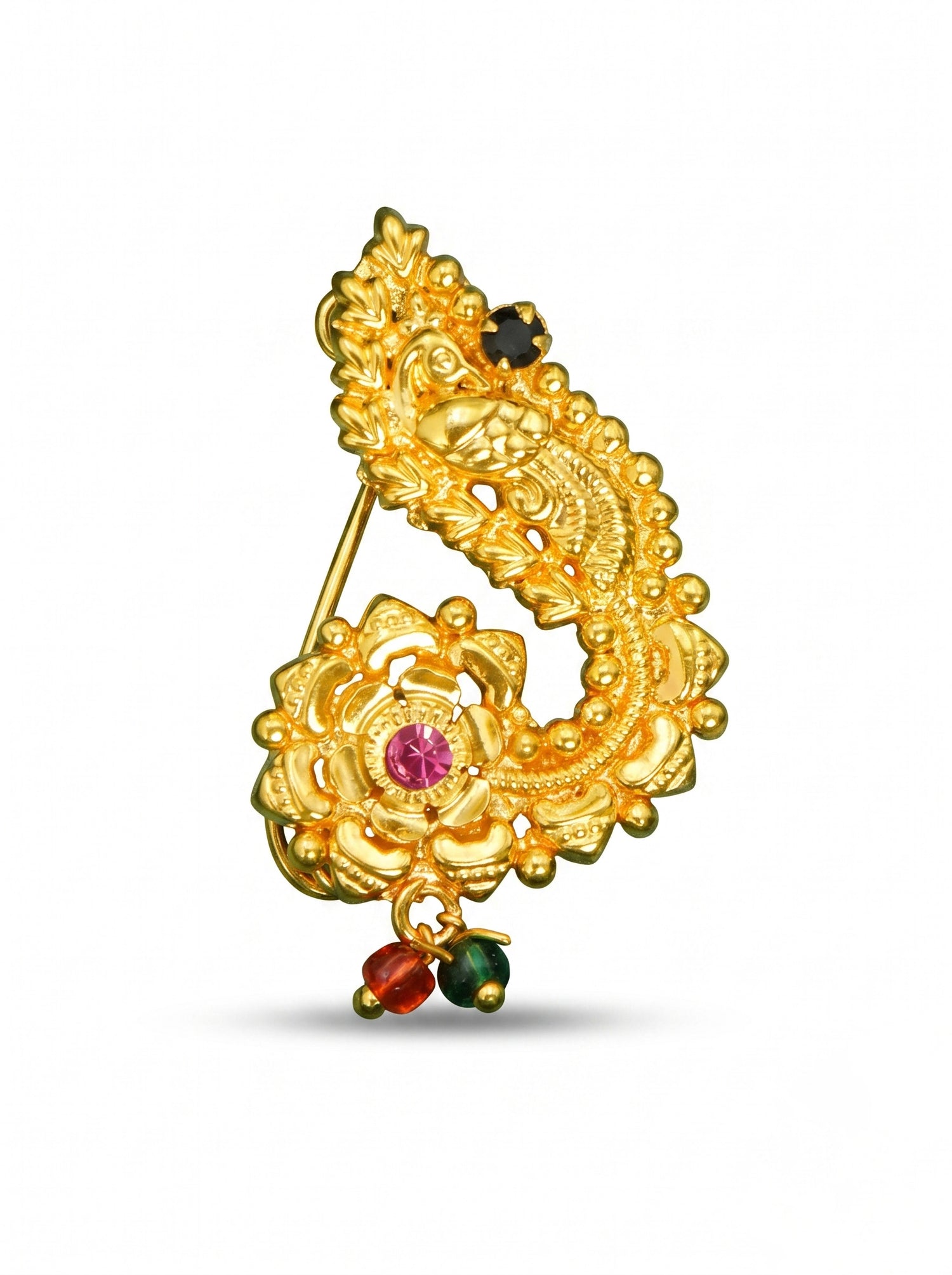 Traditional Maharashtrian Kolhapuri Micro Gold Plated Nath Golden B Peacock (Nose Pin) (Pressing/Clip-on)