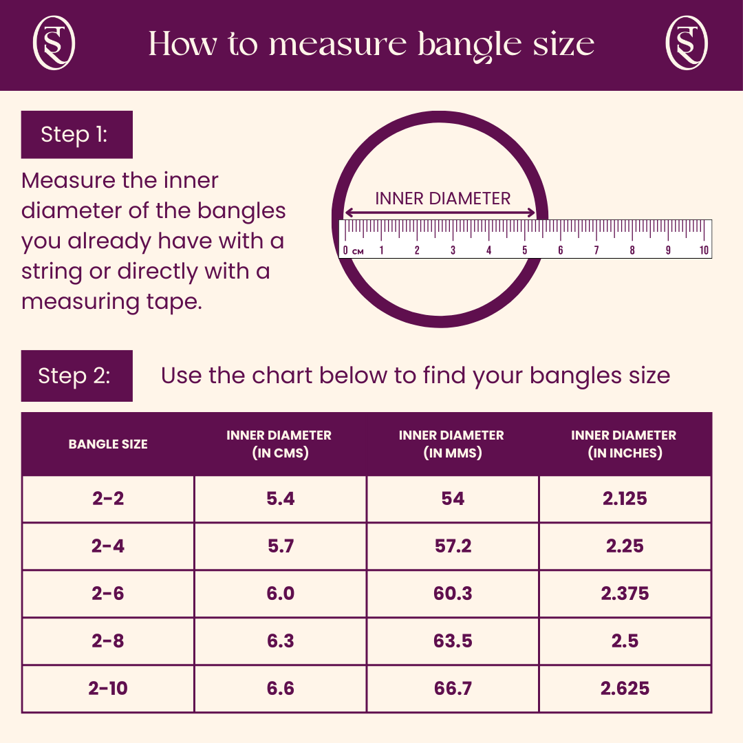 Instructions on how to measure bangle size with a ruler and chart