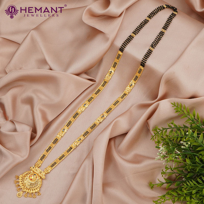 Forming Gold 32" Mangalsutra with Floral & Peacock Pendant with a tint of Meena Work