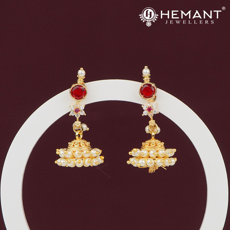 Minimalist Red Stone and Pearl Jhumka Earrings