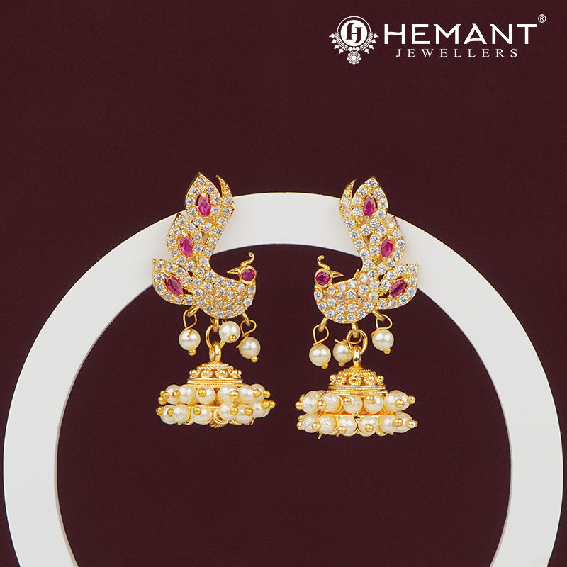 Peacock-Inspired Ruby and Pearl Jhumka Earrings