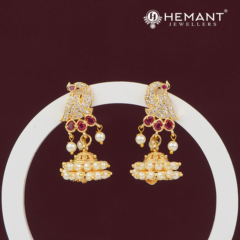 Peacock-Inspired Ruby and Pearl Jhumka Earrings