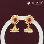 Pearl-Embellished Red Stone Jhumka Earrings