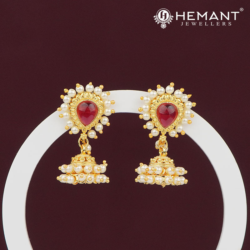 Pearl-Embellished Red Stone Jhumka Earrings