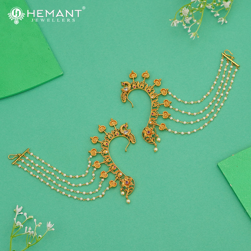 Antique Back Ear Cuff | Peacock Motif Back Kan with Multi-Strand Pearl Chain - 4045
