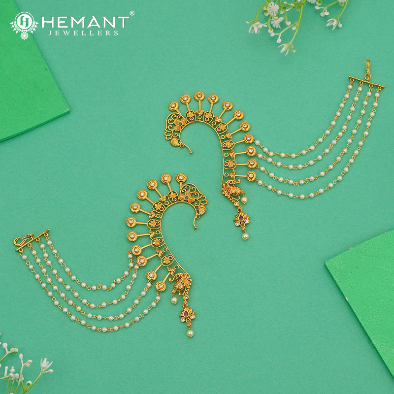 Antique Back Ear Cuff | Peacock Motif Back Kan with Multi-Strand Pearl Chain - 5378