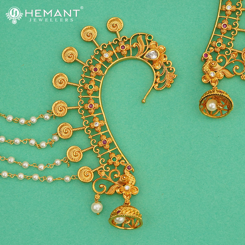 Antique Back Ear Cuff | Peacock Motif Back Kan with Multi-Strand Pearl Chain - 4670