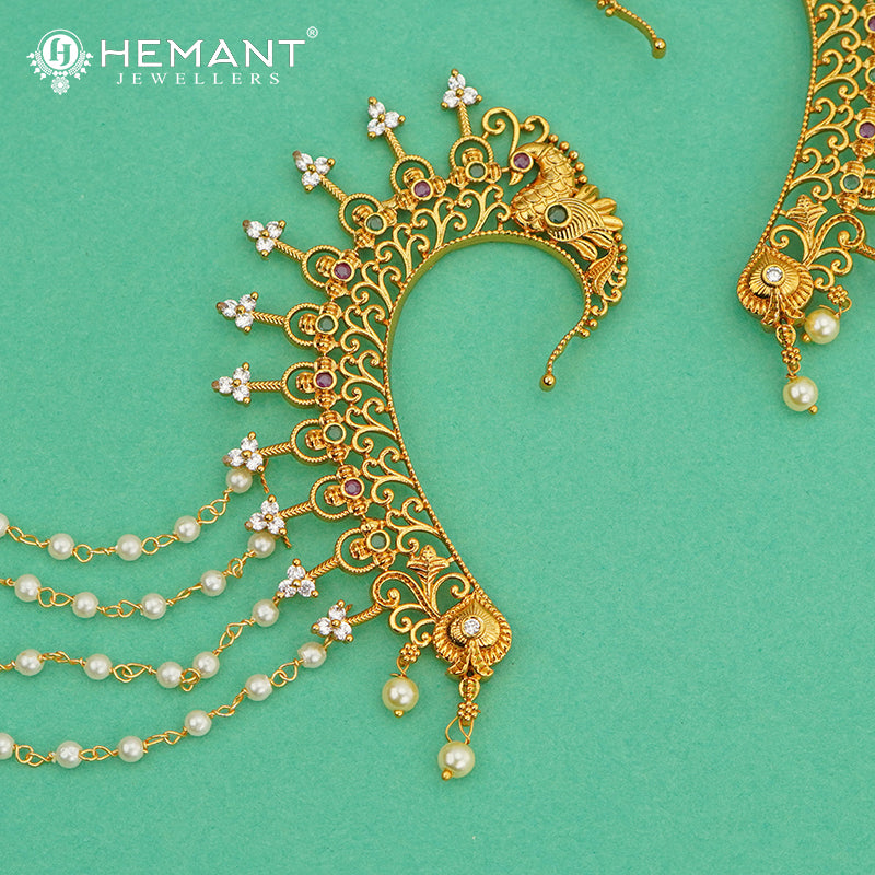 Antique Back Ear Cuff | Peacock Motif Back Kan with Multi-Strand Pearl Chain - 5377