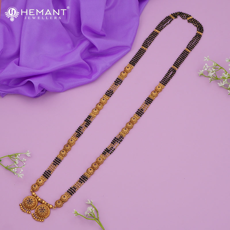 Antique Finish Floral Design Long Black Bead Mangalsutra with Ruby Stones - 4950
