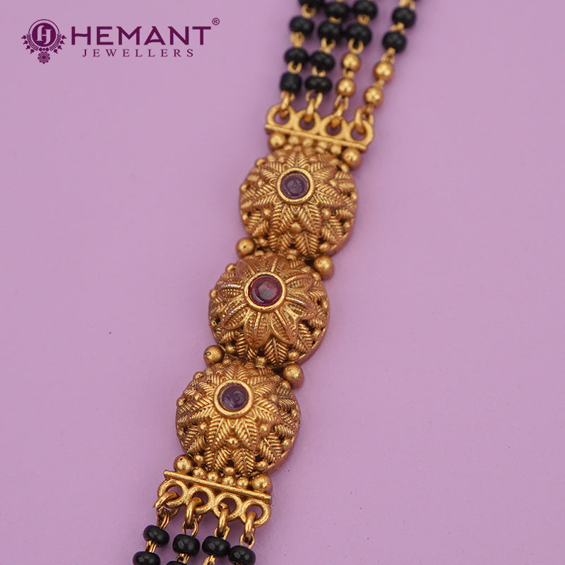 Antique Finish Floral Design Long Black Bead Mangalsutra with Ruby Stones - 4950